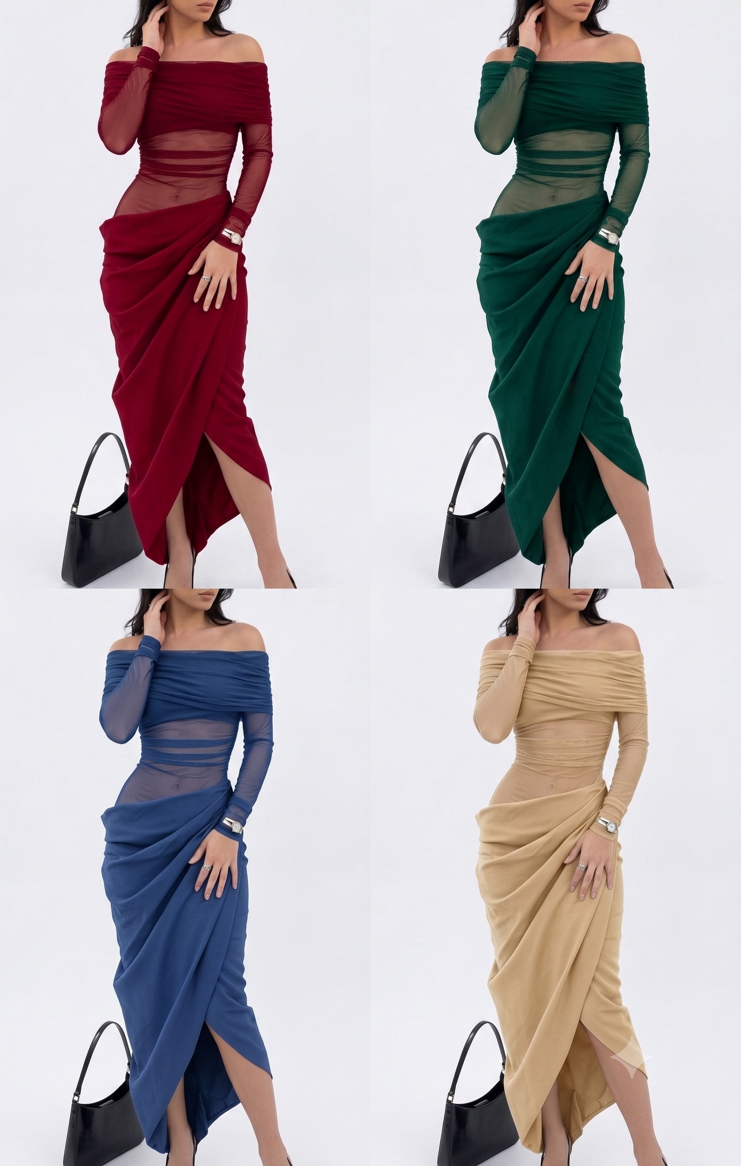 off shoulder semi-sheer maxi dress