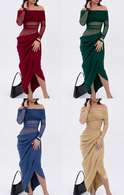 Off Shoulder Semi-Sheer Maxi Dress