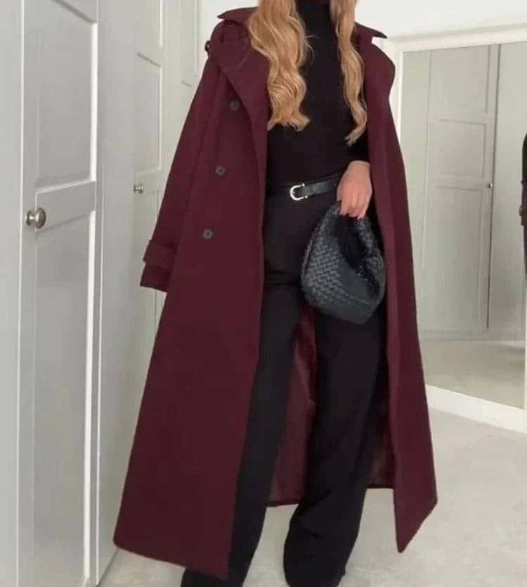elegant bordeaux lapel mix maxi overcoat - di supremo