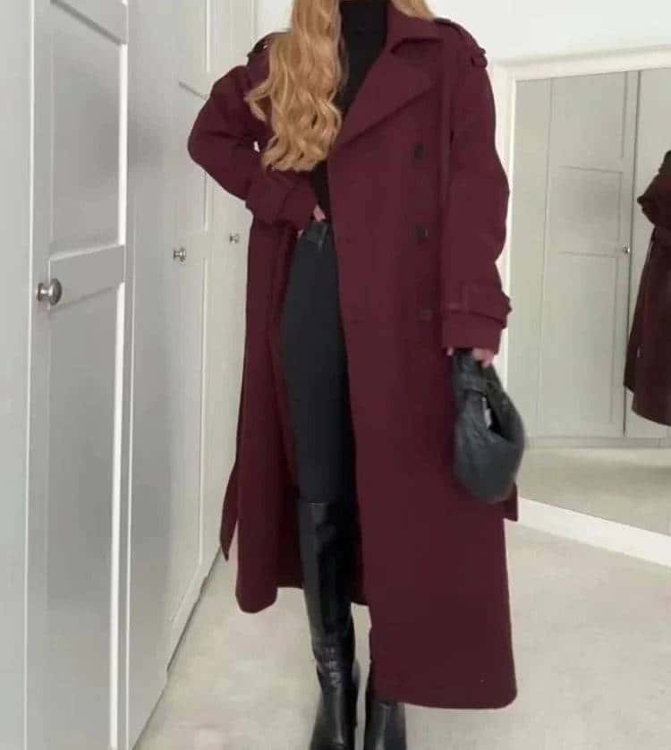 elegant bordeaux lapel mix maxi overcoat - di supremo