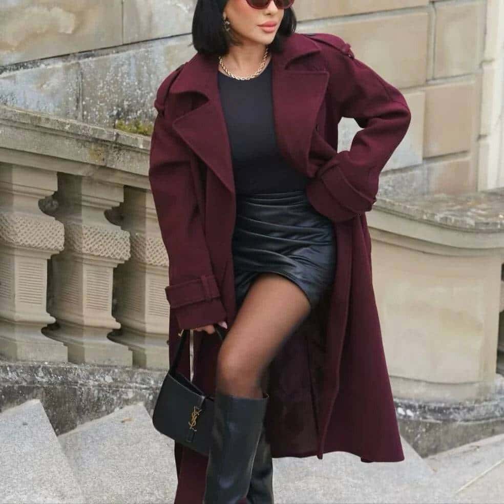 elegant bordeaux lapel mix maxi overcoat - di supremo