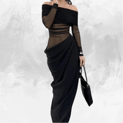 Off Shoulder Semi-Sheer Maxi Dress Long Sleeve Floor Length One-Step Dress Strapless Mesh Ruched Bodycon Dress Y2K - Di Supremo