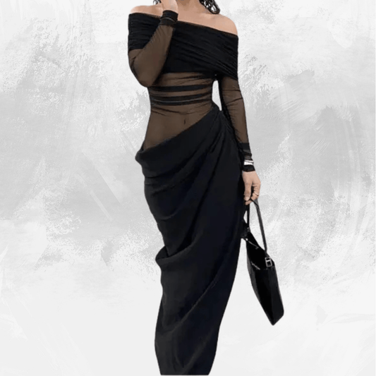 Off Shoulder Semi-Sheer Maxi Dress Long Sleeve Floor Length One-Step Dress Strapless Mesh Ruched Bodycon Dress Y2K - Di Supremo
